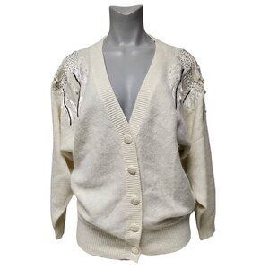 70s - 80s Carducci beaded off white knitted cardigan . medium